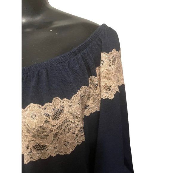 Large Bella D Lace Embellisment Women's Navy Blue Off Shoulder Blouse - Picture 6 of 10